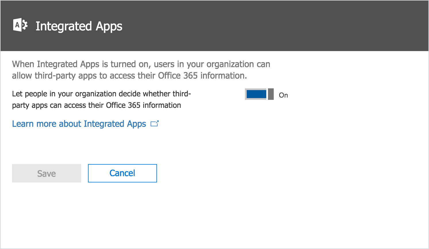 This image shows the "Integrated Apps" dialog. The option says, "Let people in your organization decide whether third-party apps can access their Office 365 information". There's a toggle to the right of the option that you can toggle on or off.