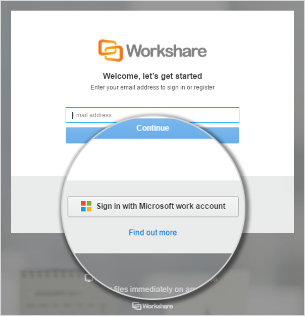 The sign in page (my.workshare.com/#signin) has a field called "Email address" and below that, a button that says "Sign in with Microsoft".