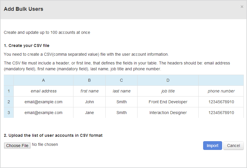 When you click Add Bulk Users, you'll see a button called "Choose File" so you can upload your CSV file.