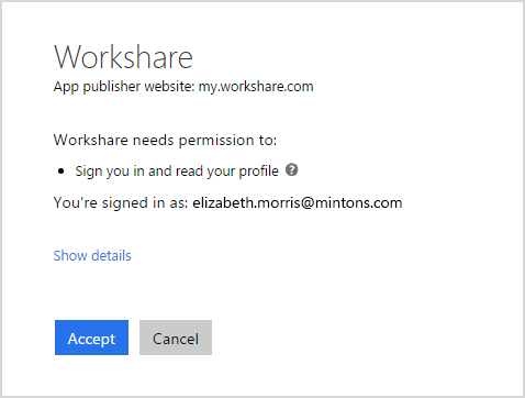 The request says, "Workshare needs permission to sign you in and read your profile". Below this text is a button that says "Accept" and a button that says "Cancel".