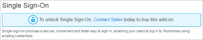 The message says: "To unlock Single Sign-On, Contact Sales today to buy this add-on."