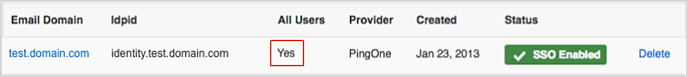 When you scroll down to the "Sign in with other providers" section, the first column is called "Email Domain" and the third column is called "All Users". If the "All Users" column says "Yes", PingOne has been enforced for that domain. If the column says "No", PingOne has not been enforced for that domain.